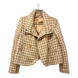 DKNY Stylish Tan Houndstooth Women's Jacket with gold threading and lining.